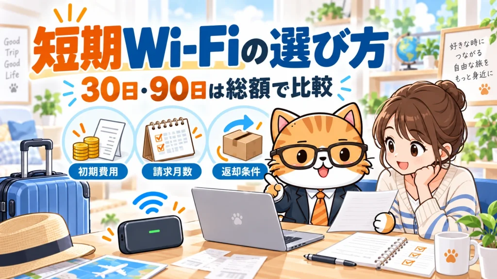 短期Wi-Fiを30日・90日の総額で比較。初期費用、請求月数、返却条件を確認する猫の案内役と利用者。