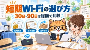 短期Wi-Fiを30日・90日の総額で比較。初期費用、請求月数、返却条件を確認する猫の案内役と利用者。