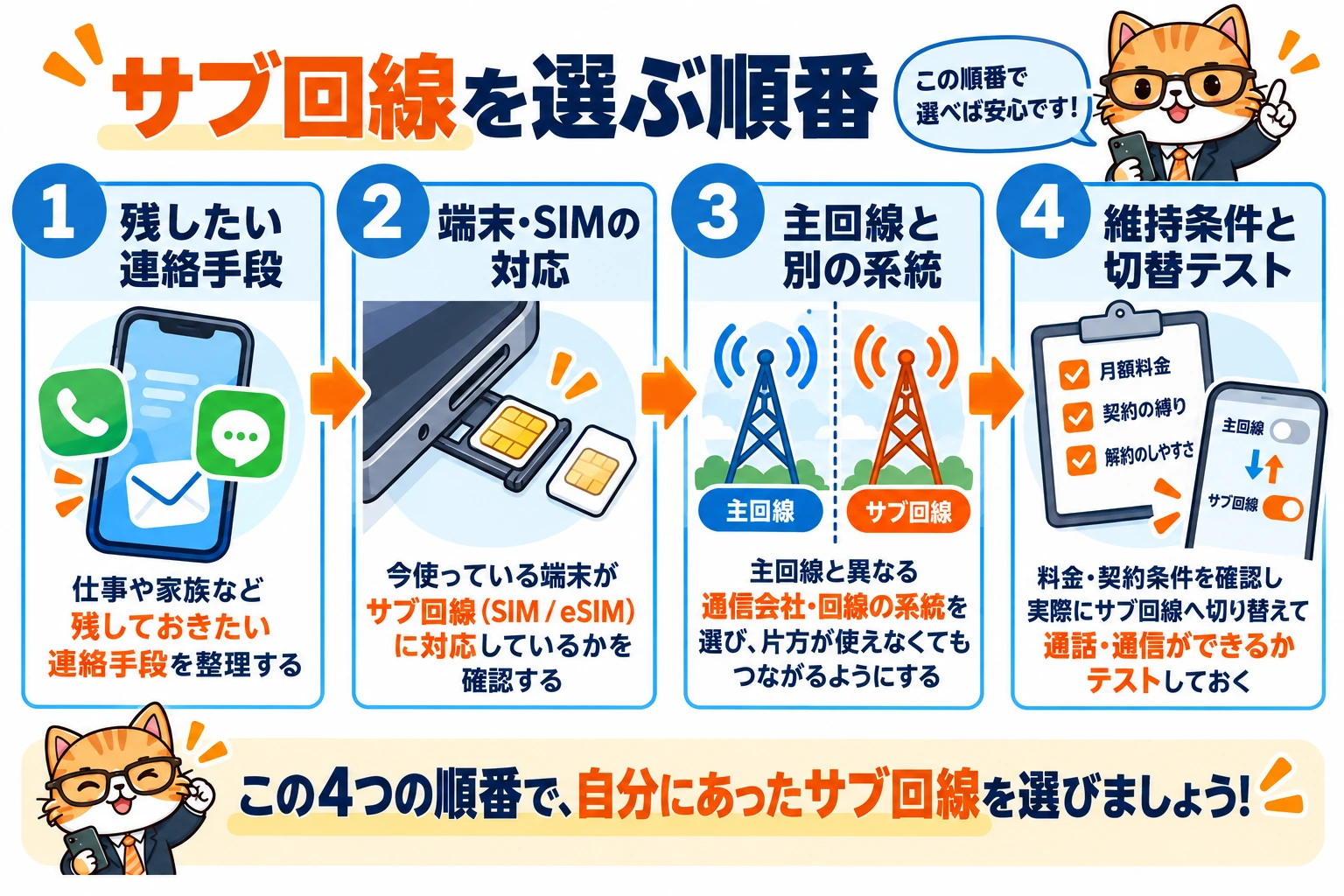 サブ回線を選ぶ順番。残したい連絡手段、端末・SIMの対応、主回線と別の系統、維持条件と切替テストを確認する図。