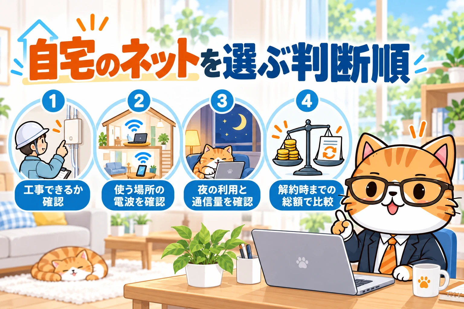 自宅のネットを選ぶ判断順。工事できるか、使う場所の電波、夜の利用と通信量、解約時までの総額を確認する図。