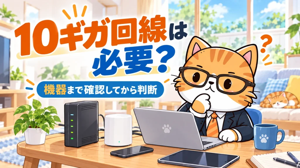 10ギガ回線は必要？機器まで確認してから判断する、猫の案内役と利用者。