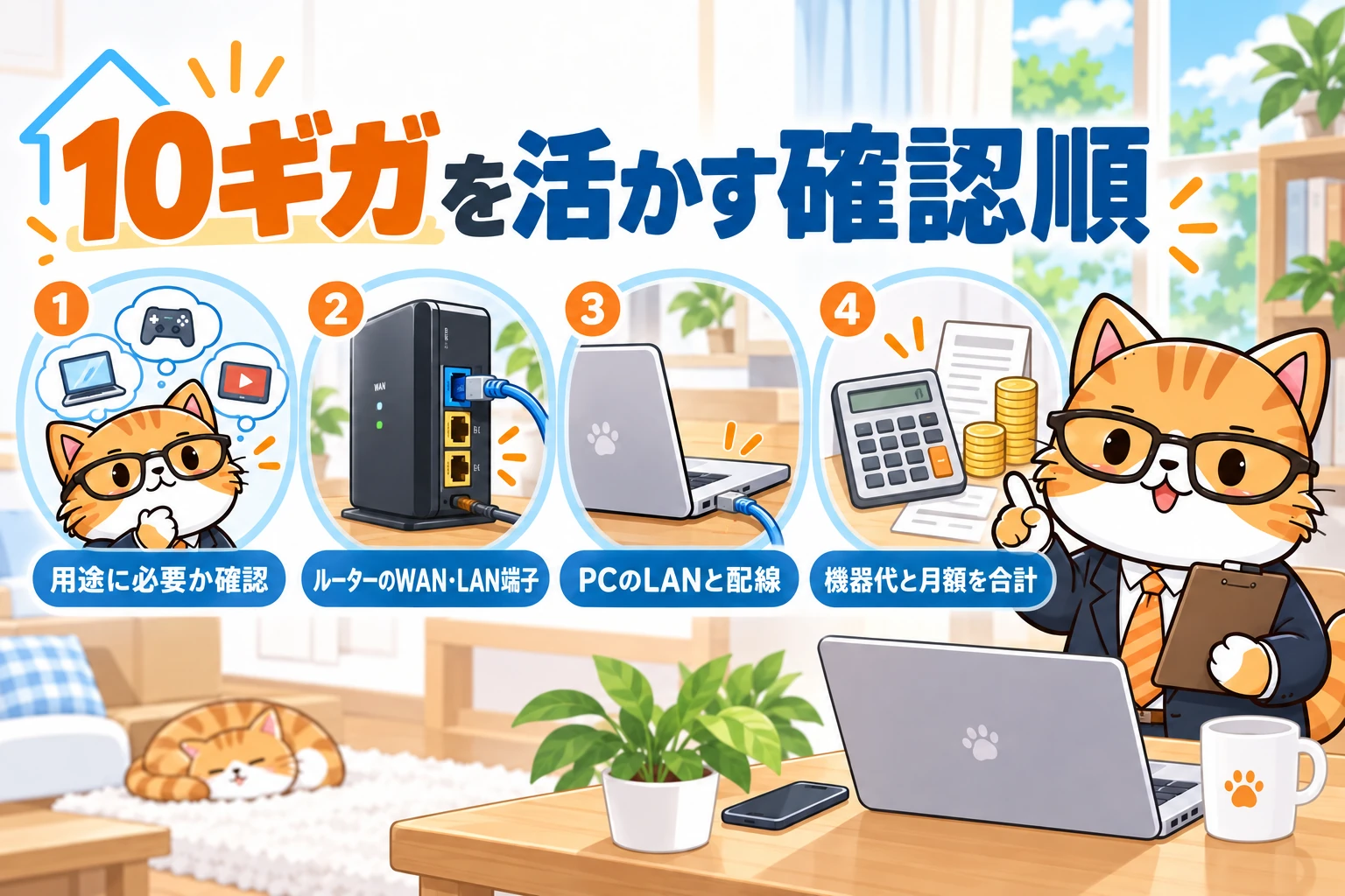 10ギガを活かす確認順。用途に必要か、ルーターのWAN・LAN端子、PCのLANと配線、機器代と月額の合計を確認する図。