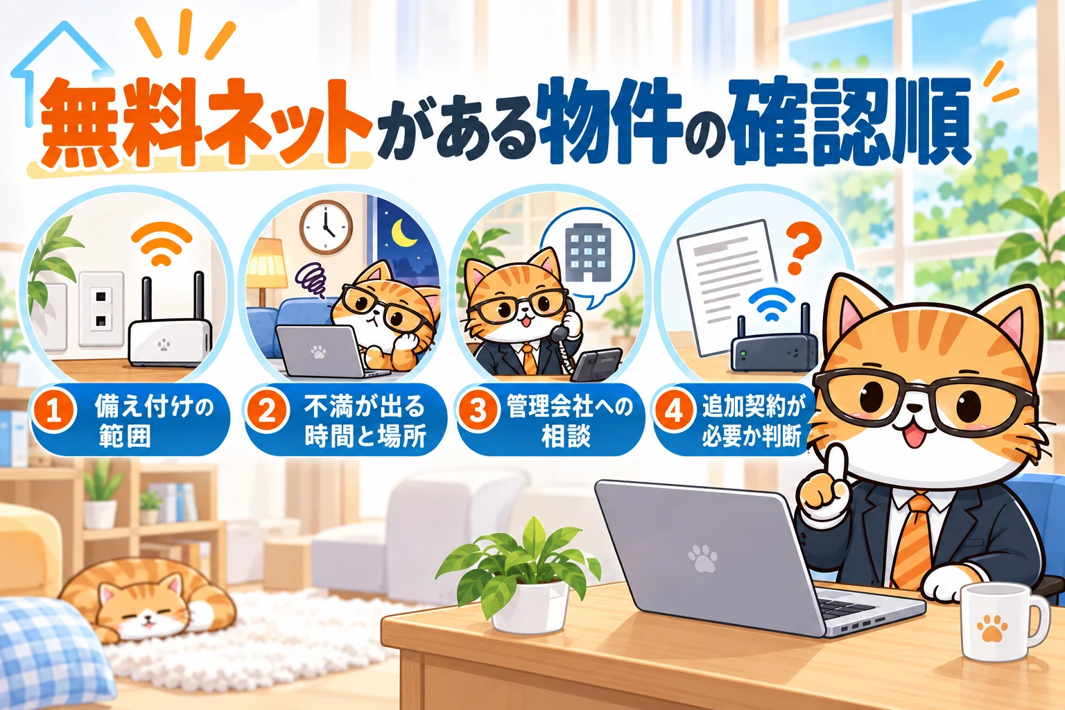 無料ネットがある物件の確認順。備え付けの範囲、不満が出る時間と場所、管理会社への相談を経て、追加契約が必要か判断する図。