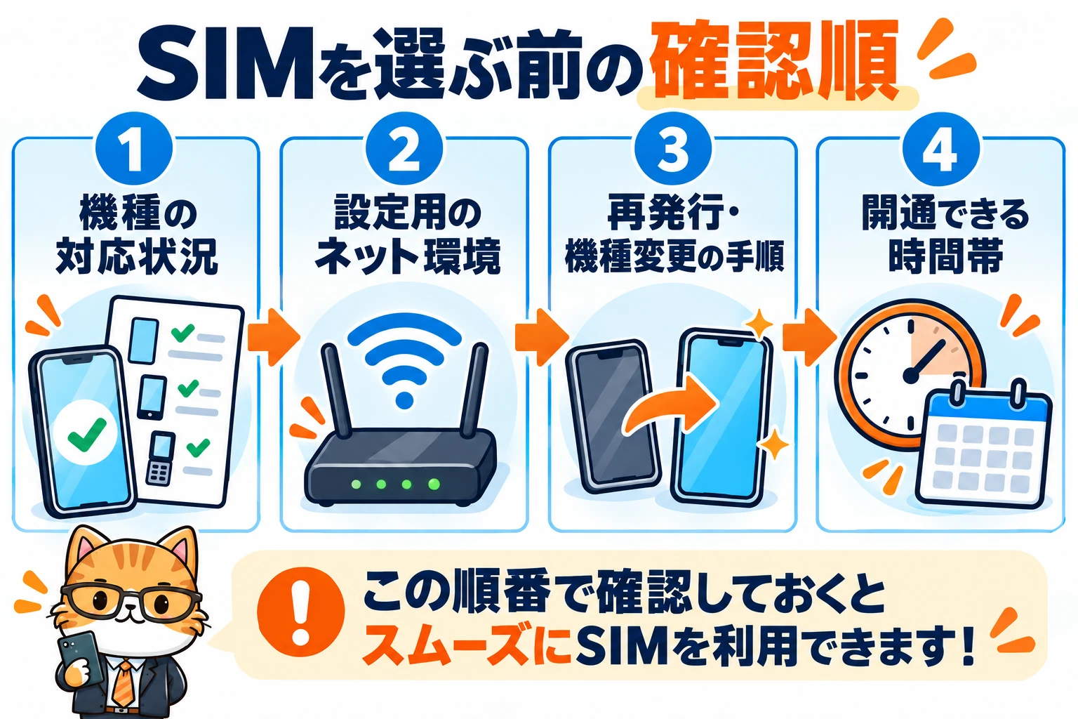 SIMを選ぶ前の確認順。機種の対応状況、設定用のネット環境、再発行・機種変更の手順、開通できる時間帯を確認する図。