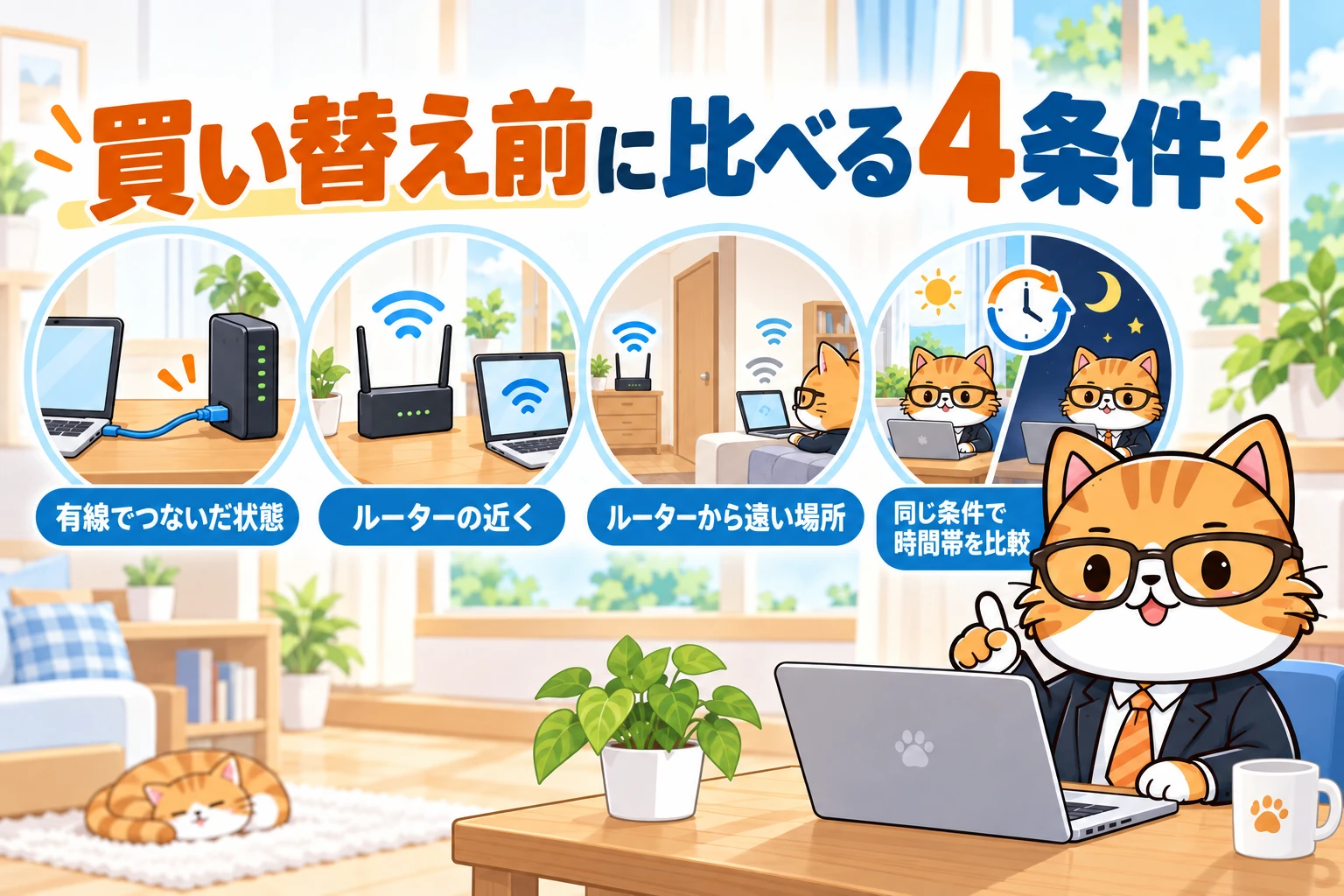 買い替え前に比べる4条件。有線接続、ルーターの近く、遠い場所を調べ、同じ条件で時間帯を比較する図。