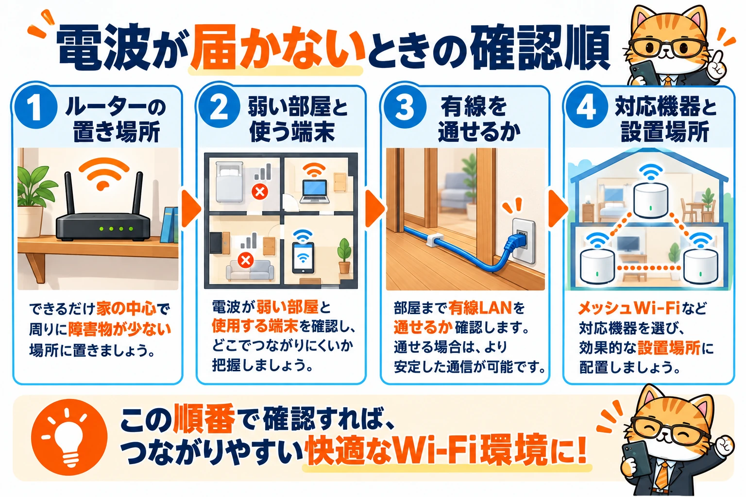 電波が届かないときの確認順。ルーターの置き場所、弱い部屋と使う端末、有線を通せるか、対応機器と設置場所を確認する図。