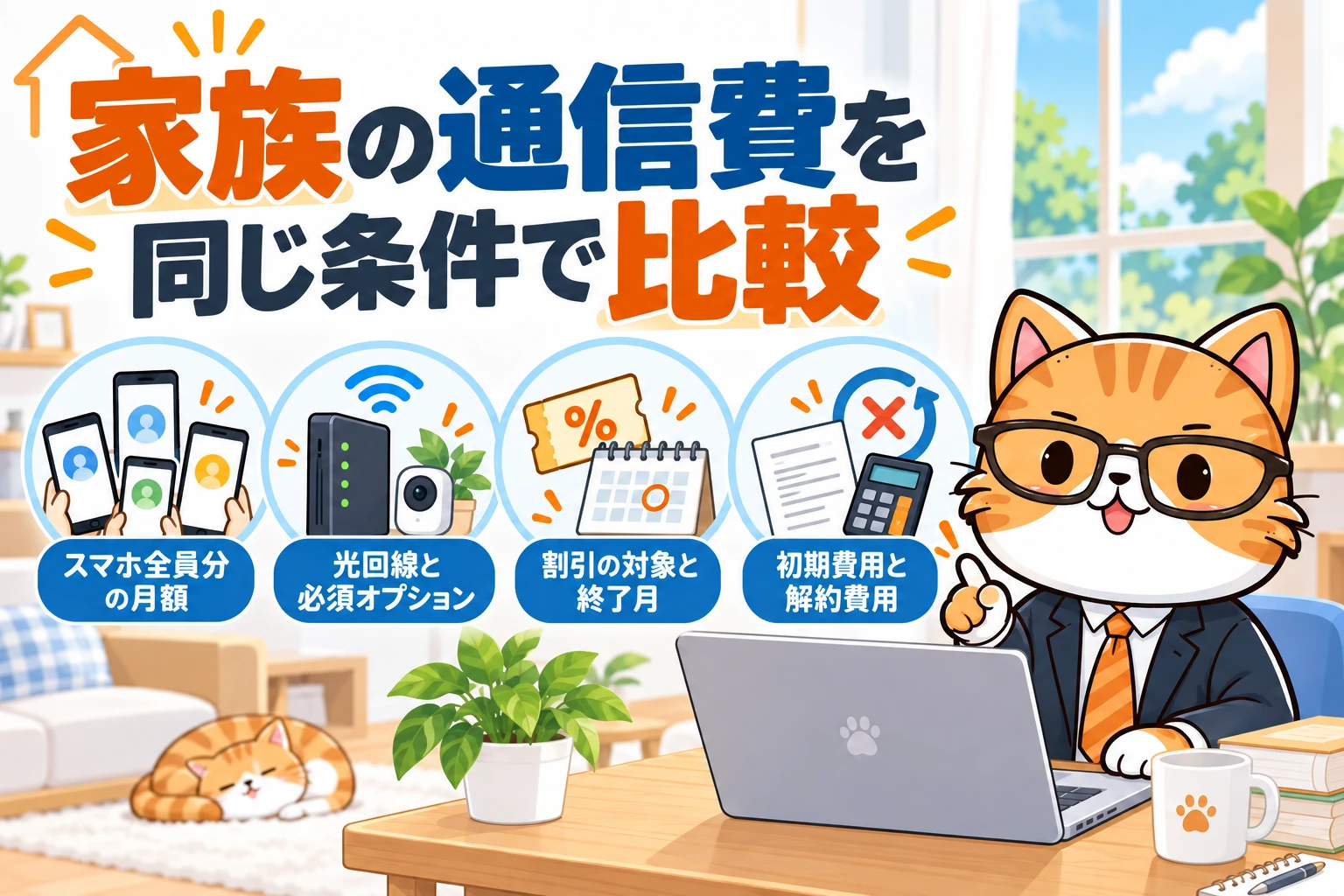 家族の通信費を同じ条件で比較。スマホ全員分の月額、光回線と必須オプション、割引の対象と終了月、初期費用と解約費用を確認する図。
