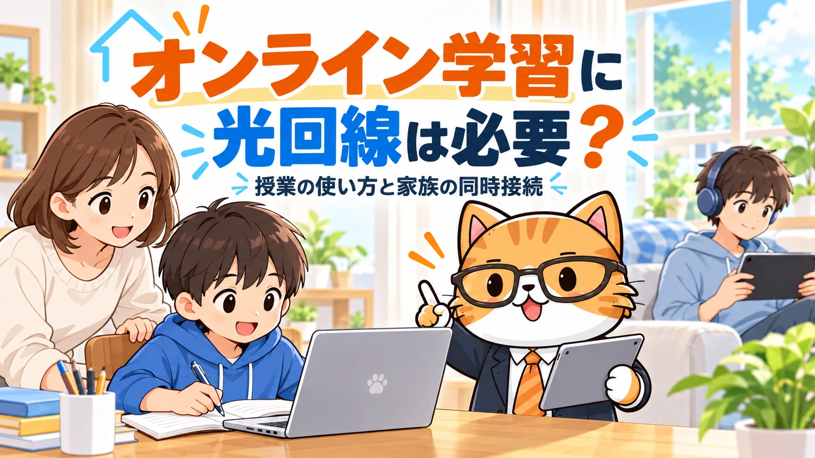 オンライン学習に光回線は必要?。授業の使い方と家族の同時接続