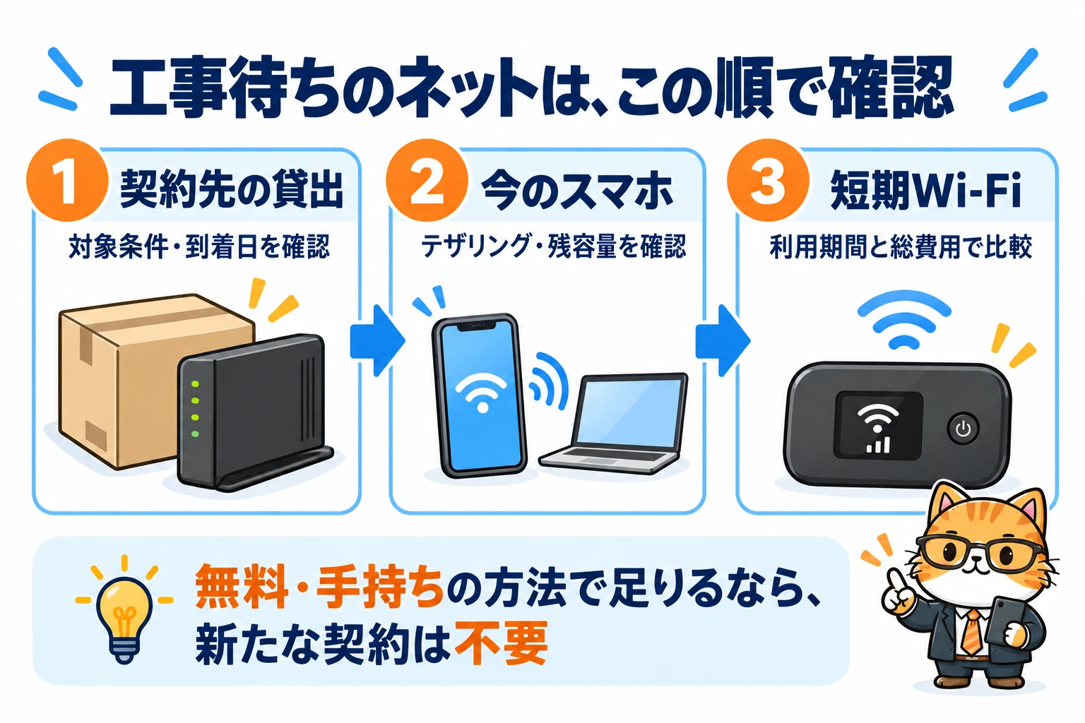 契約先の貸出、今のスマホ、短期Wi-Fiの順に確認。無料や手持ちの方法で足りれば新たな契約は不要