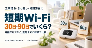 短期Wi-Fiは30日・90日でいくら？引っ越しの部屋に置いたポケットWi-Fiとカレンダー。月額だけでなく返却までの総額で比較。