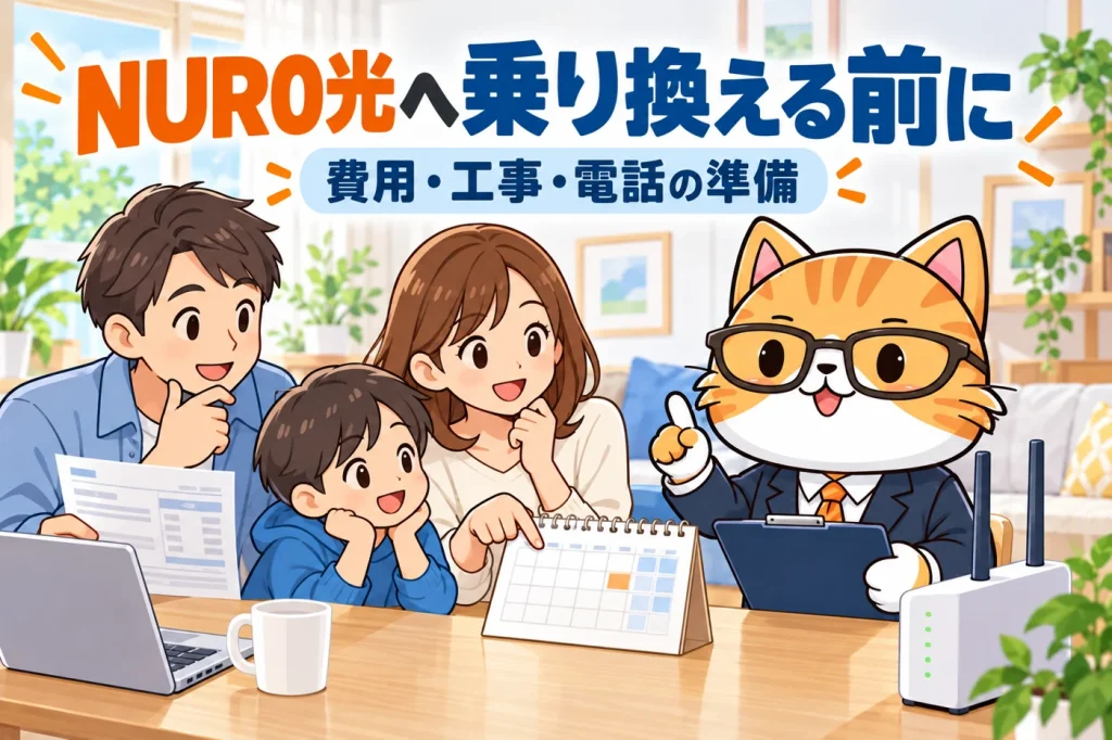 NURO光へ乗り換える前に費用・工事・電話の準備を確認する家族と案内役