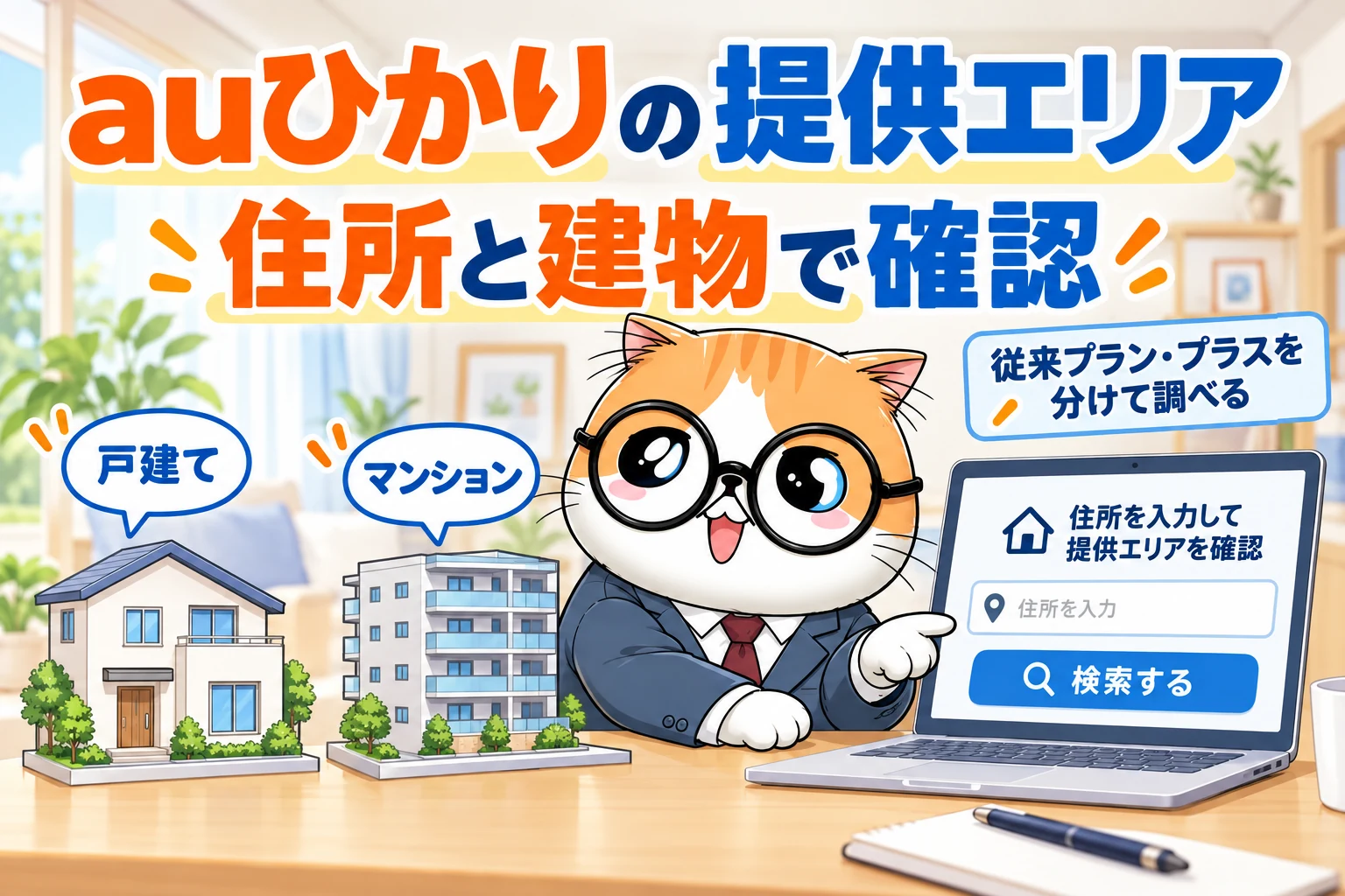 auひかりの提供エリアを住所と建物で確認する茶トラ案内役