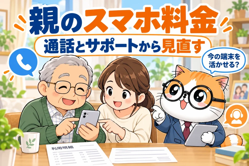 親のスマホ料金を通話とサポートから見直す家族と茶トラ案内役