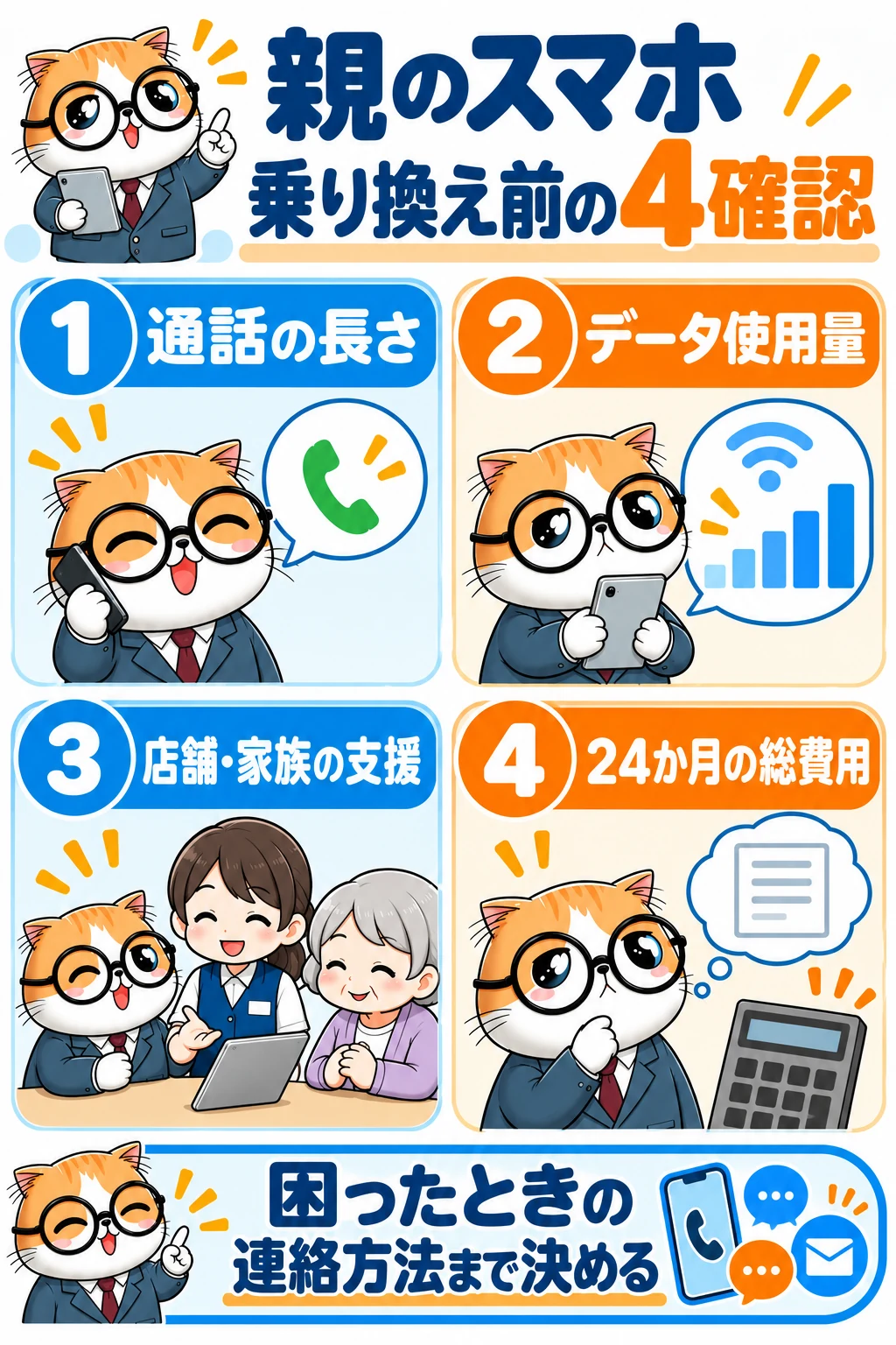 親のスマホ乗り換え前に通話・データ・支援・24か月総費用を2列で確認する図