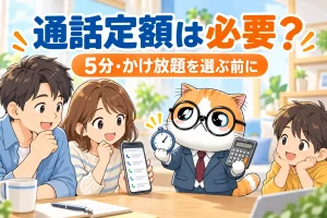 スマホの通話履歴を確認し通話定額の要否を相談する家族と茶トラ案内役