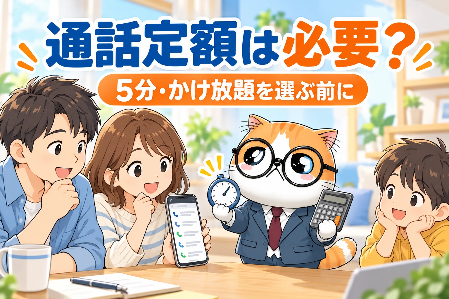 スマホの通話履歴を確認し通話定額の要否を相談する家族と茶トラ案内役