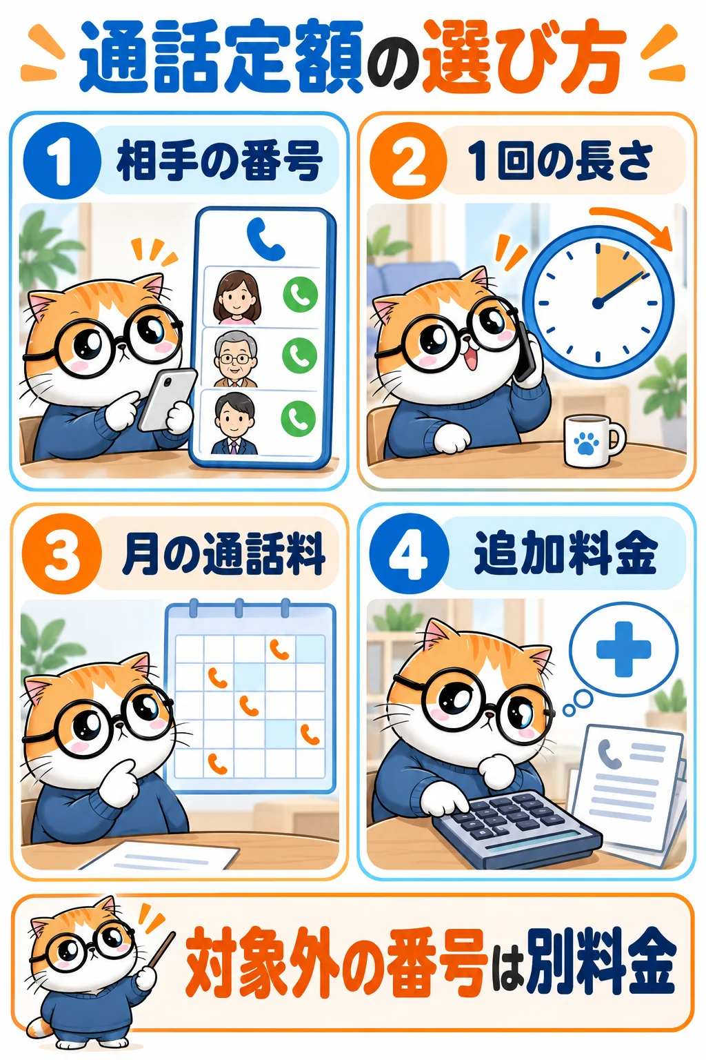 相手の番号、1回の長さ、月の通話料、追加料金を確認し対象外番号を分ける通話定額の判断図