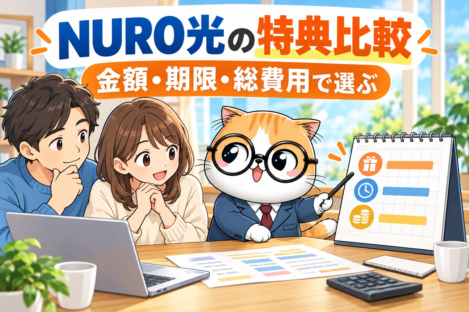 NURO光の特典を金額、期限、総費用で比較する家族と茶トラ案内役