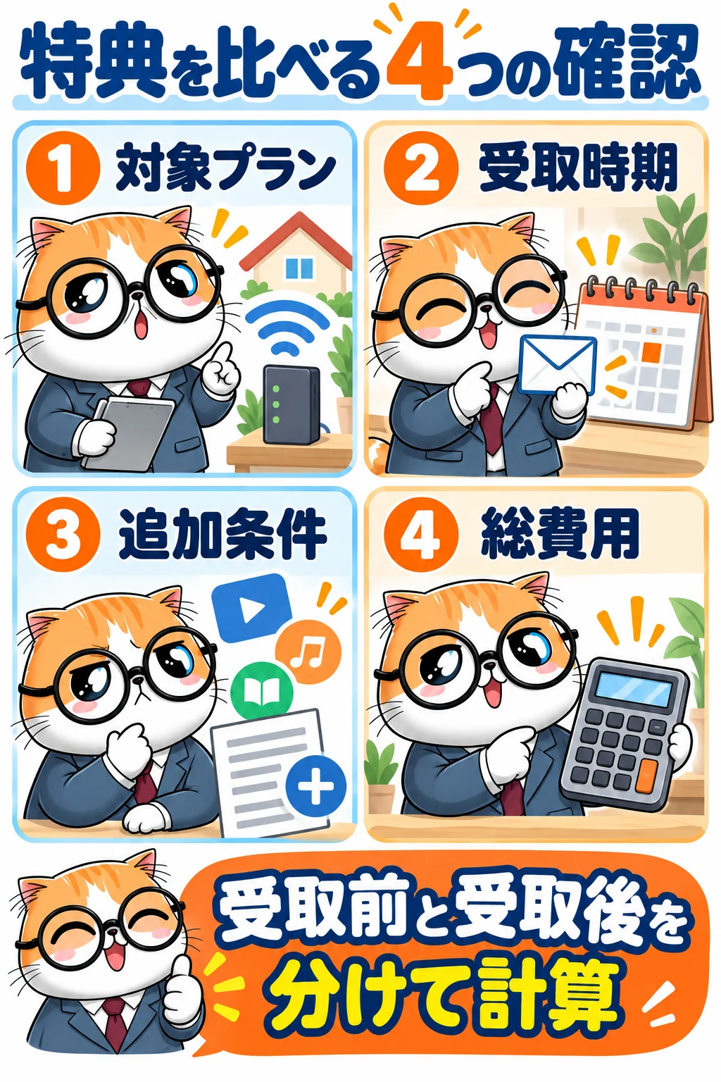 NURO光の対象プラン、受取時期、追加条件、総費用を確認し受取前と受取後を分ける図