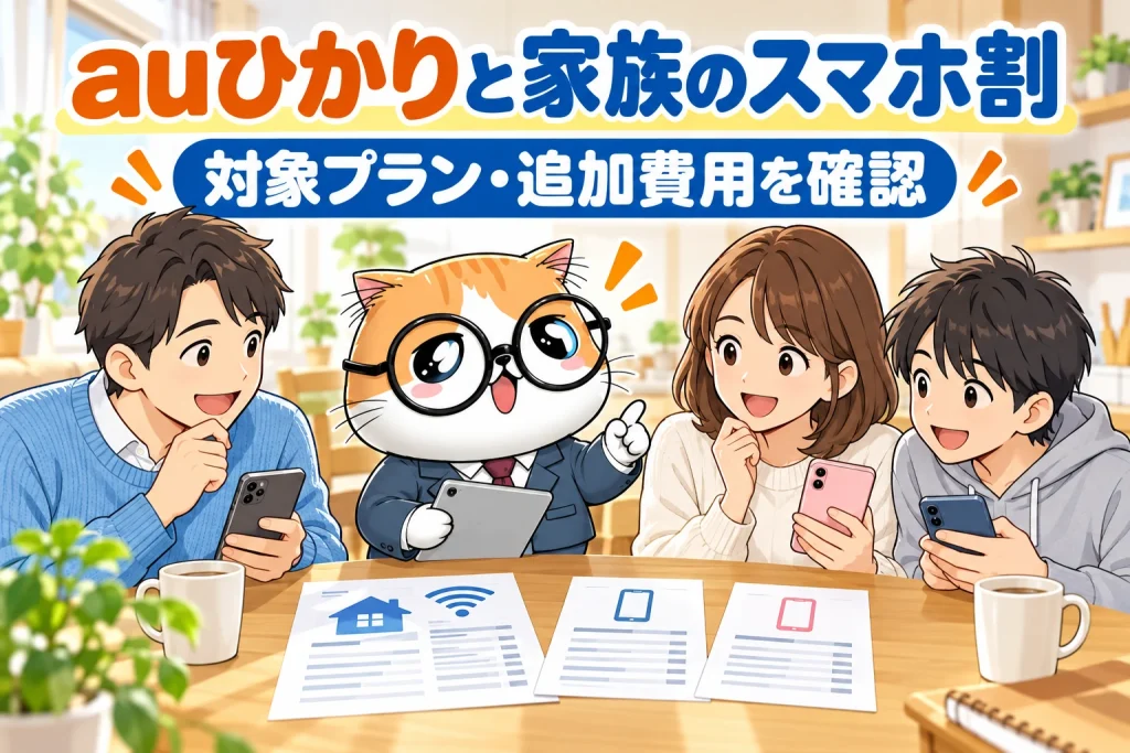 auひかりと家族のスマホ割について対象プランと追加費用を相談する家族と茶トラ案内役