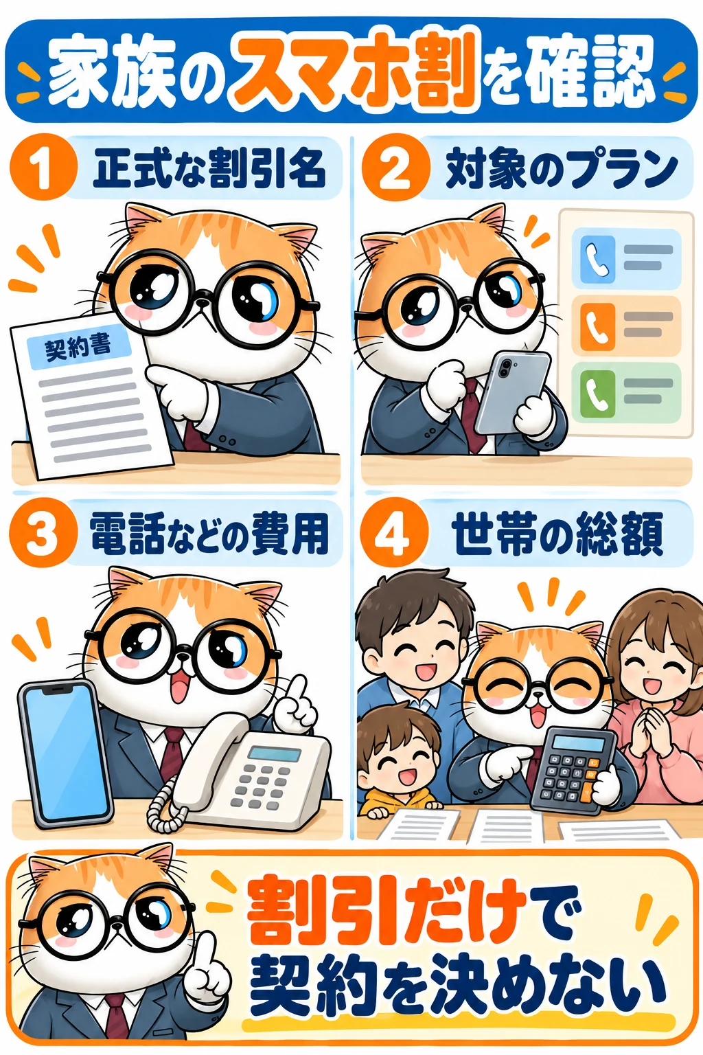 正式な割引名、対象プラン、電話などの費用、世帯総額を確認し割引だけで契約を決めない判断図
