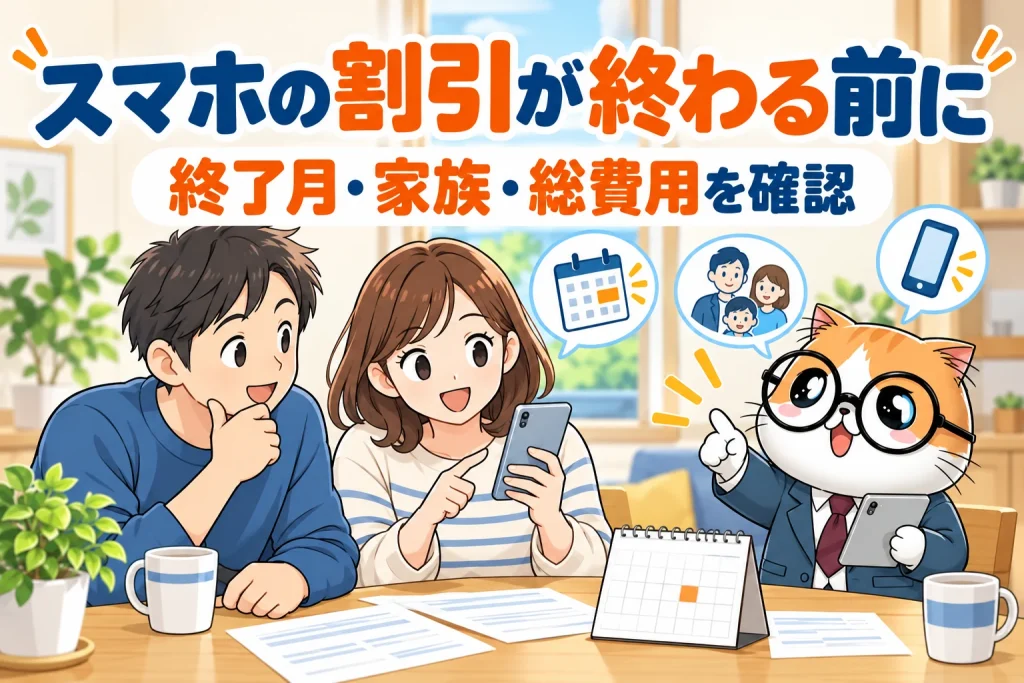 スマホの期間限定割引が終わる前に明細と終了月を確認する家族と茶トラ案内役