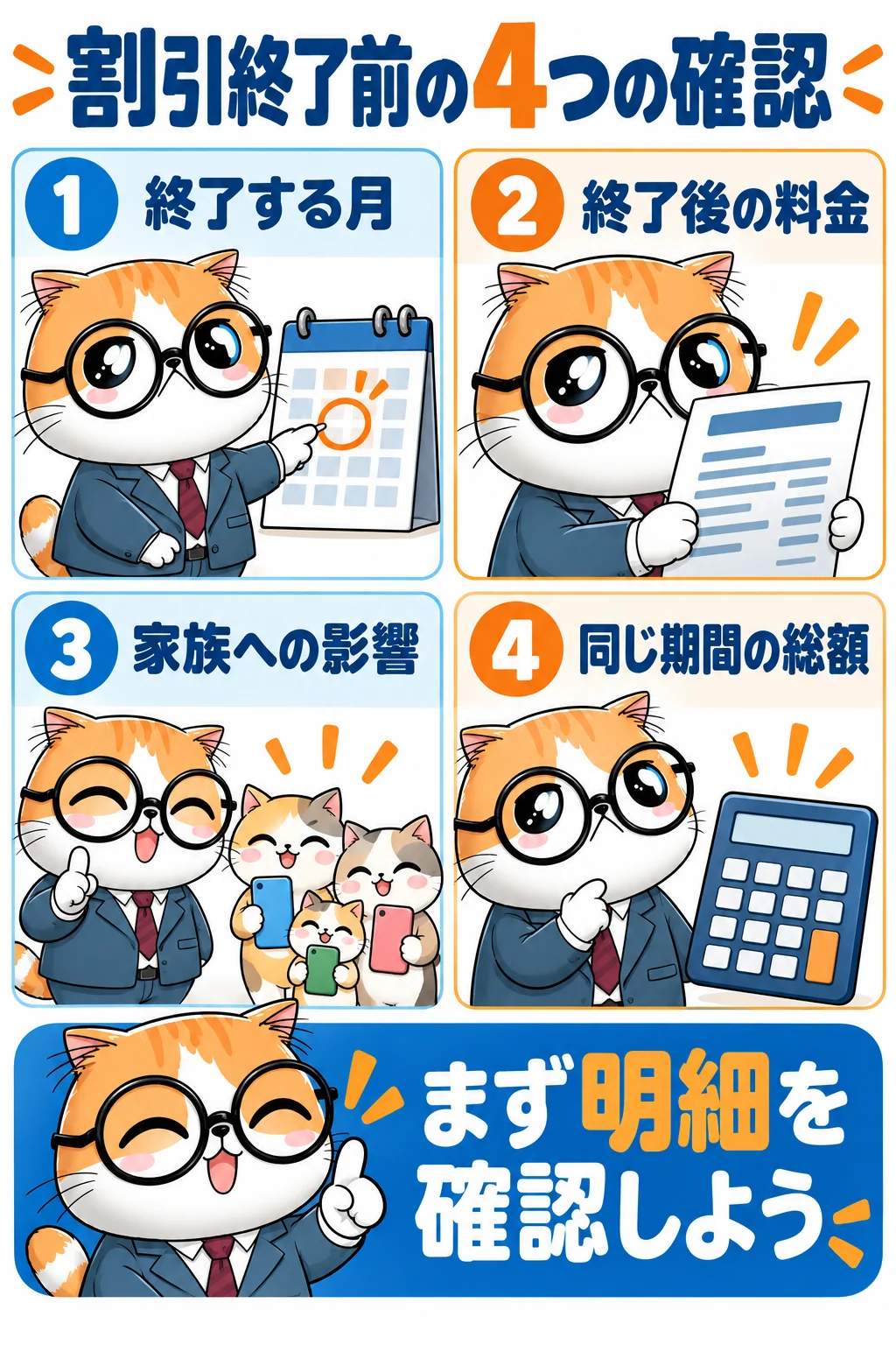 割引終了月、終了後料金、家族への影響、同じ期間の総額を確認する4段階の図