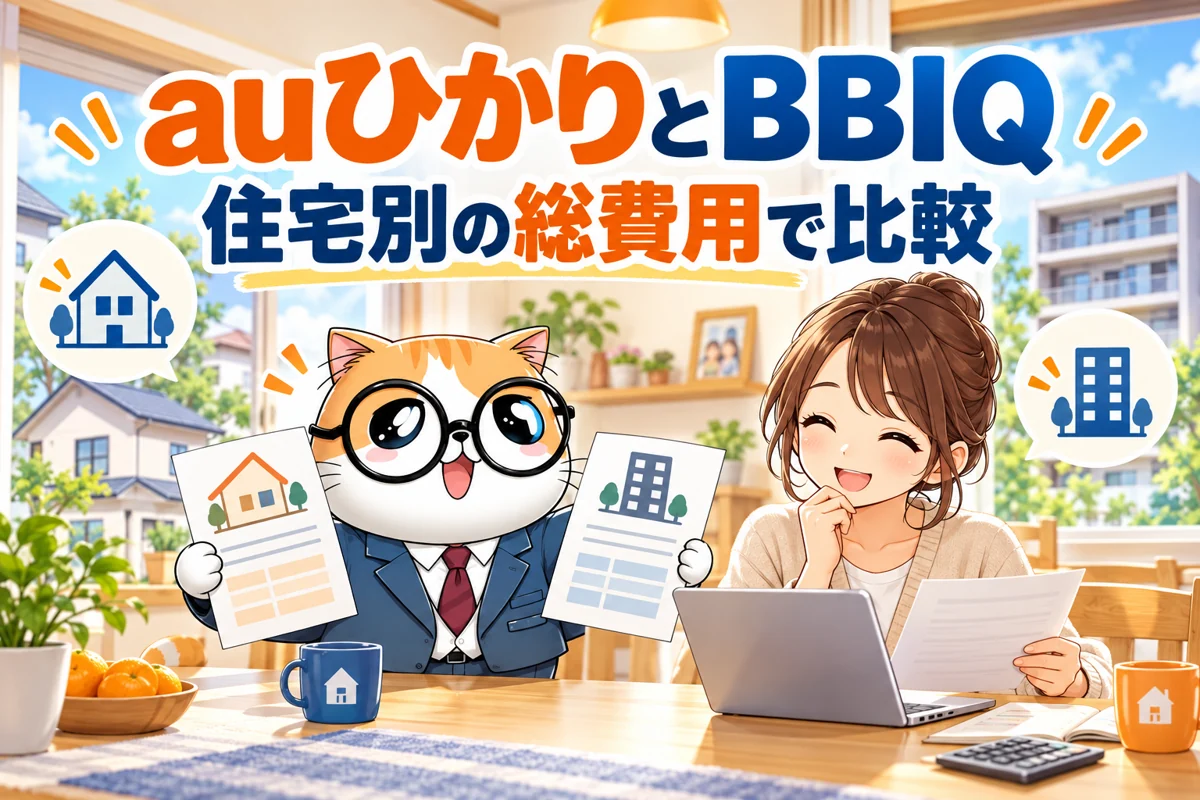 auひかりとBBIQを住宅別の総費用で比較する家族と茶トラ案内役