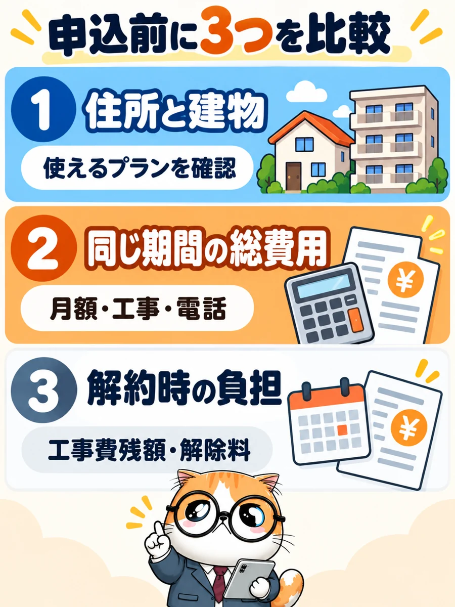 住所と建物、同じ期間の総費用、工事費残額と解除料の順で比較する図