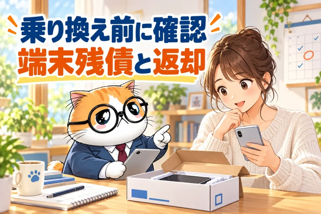 スマホの乗り換え前に端末残債と返却条件を確認する家族と茶トラ案内役