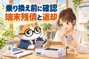 スマホの乗り換え前に端末残債と返却条件を確認する家族と茶トラ案内役