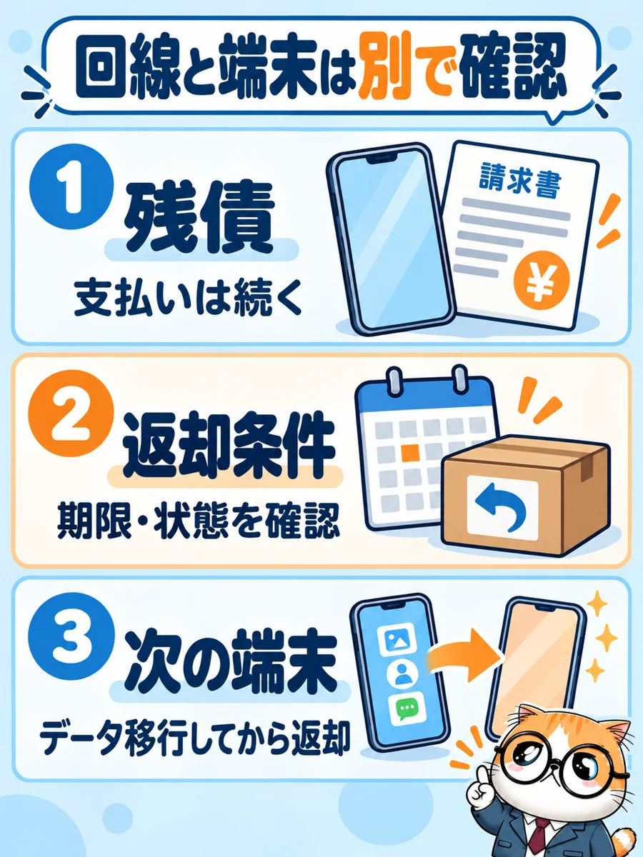回線と端末を分け、残債の支払継続、返却期限と状態、データ移行後の返却を確認する図