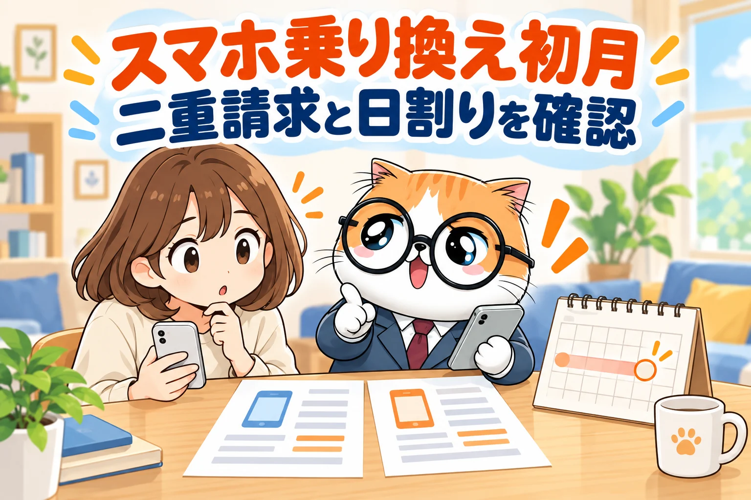 スマホ乗り換え初月の二重請求と日割りを確認する人と茶トラ案内役