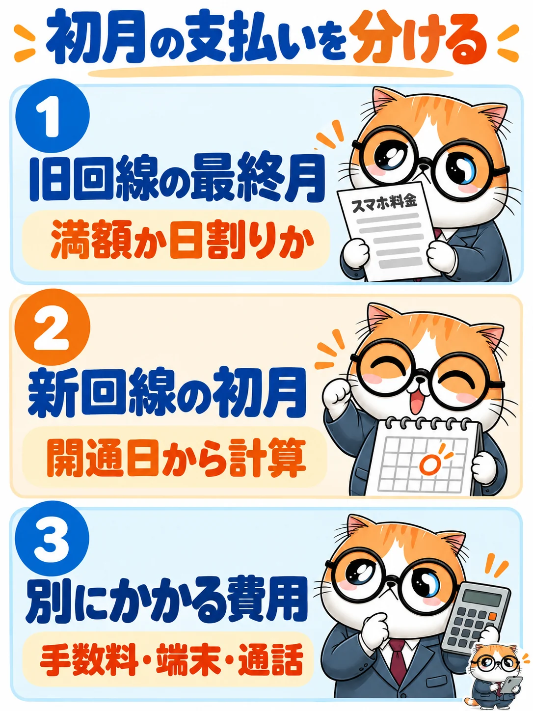 旧回線最終月、新回線初月、手数料・端末・通話を分ける図。他社MNPの例で、同一事業者内変更は別条件
