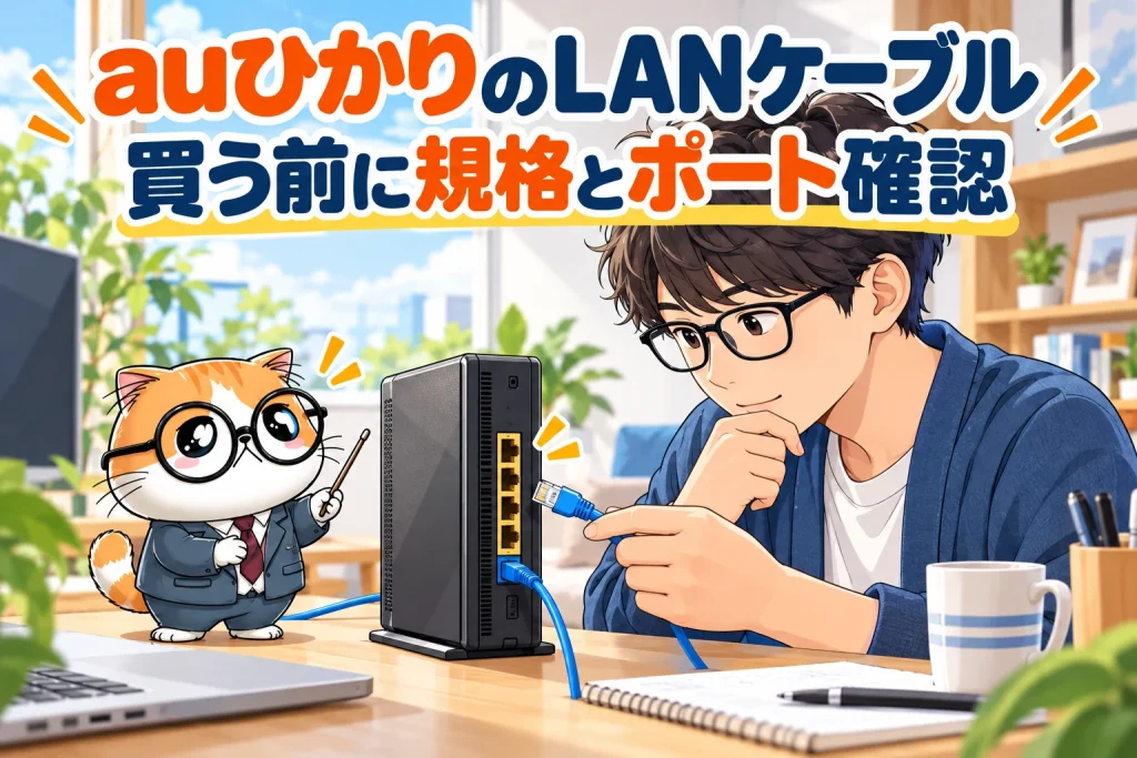 auひかりのLANケーブルを買う前に規格と機器のポートを確認する人と茶トラ案内役