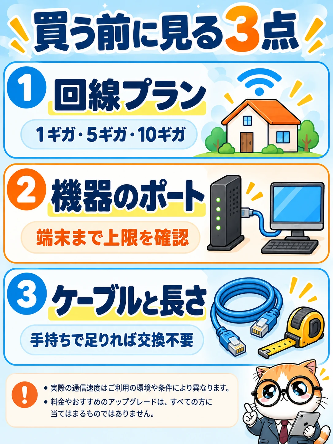 回線プラン、機器のポート、ケーブルと長さを確認し、手持ちで足りれば交換不要と判断する図