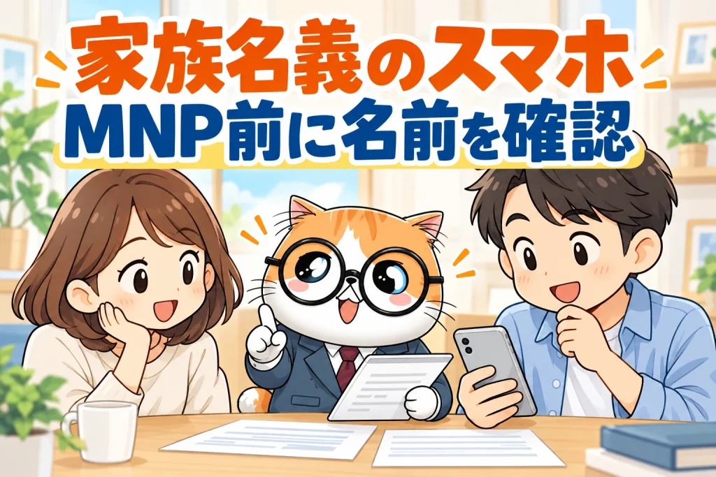 家族名義のスマホをMNPする前に契約者情報を確認する家族と茶トラ案内役