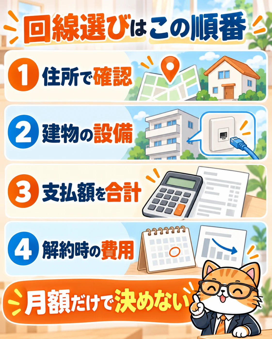 回線を住所、建物の設備、支払額、解約時の費用の順に比較する手順
